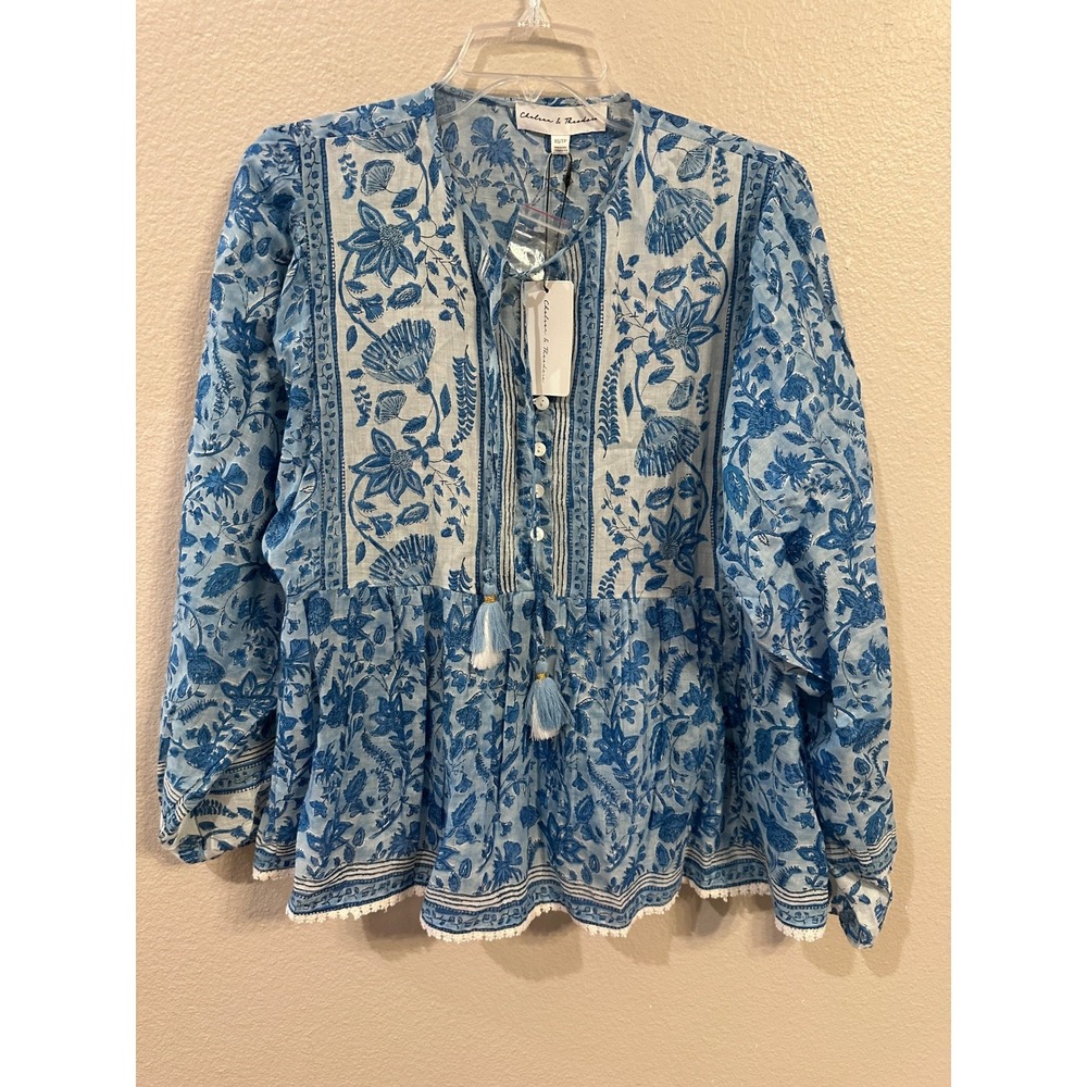 Chelsea & Theodore Blouse XS Blue Floral Print Peasant Top Tassel Trim